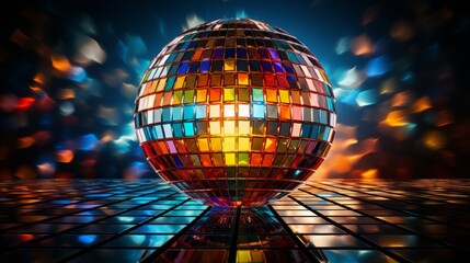 Obraz premium shining multicolored disco ball on an abstract dark background. retro disco concept.