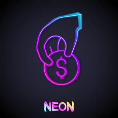 Glowing neon line Hand holding casino chips icon isolated on black background. Casino gambling. Vector