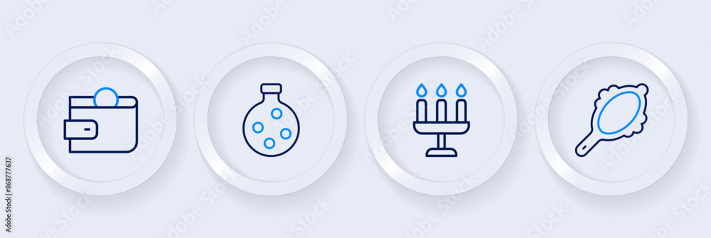 Poster set line magic hand mirror, candlestick, bottle with potion and wallet icon. vector
