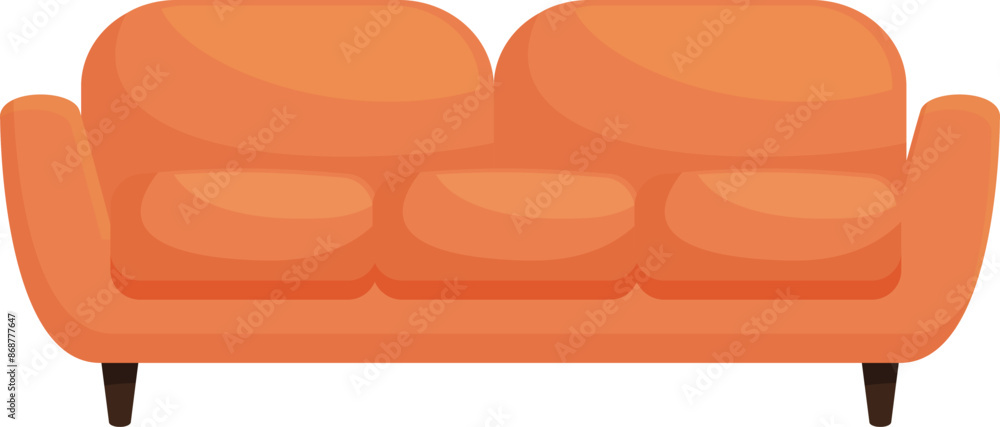 Poster simple illustration of a comfortable orange sofa with rounded edges standing on legs, isolated on a 