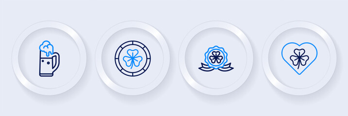 Set line Heart with clover trefoil leaf, Medal, Golden leprechaun coin and Glass of beer icon. Vector