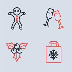 Set line Glass of champagne, Branch viburnum, Christmas shopping bag and Holiday gingerbread man cookie icon. Vector