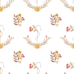 Obraz premium Sewing supplies seamless pattern with needle and safety pin on white background. Pink and gold hand drawn watercolor sewing kit floral illustration in vintage style for fabric and paper design.