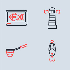 Set line Lighthouse, Fishing net, lure and finder echo sounder icon. Vector