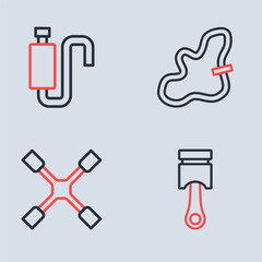Set line Timing belt kit, Wheel wrench, Engine piston and Car muffler icon. Vector