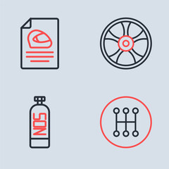 Set line Alloy wheel for car, Nitrous oxide, Gear shifter and Racing helmet icon. Vector