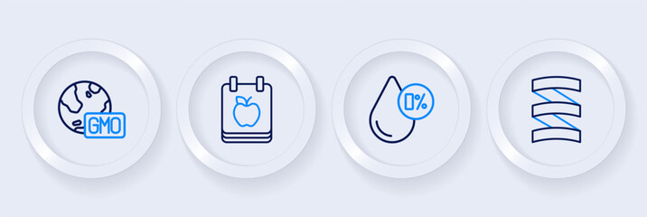 Set line Sports nutrition proteine, Water balance, Diet plan and GMO icon. Vector