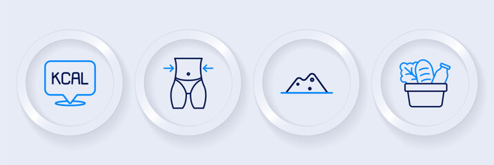 Set line Shopping bag and food, Salt, Women waist and Kcal icon. Vector