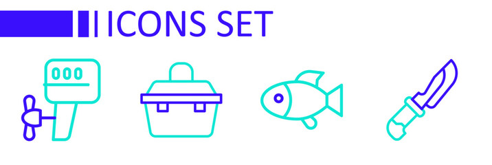 Set line Knife, Fish, Case or box for fishing equipment and Outboard boat motor icon. Vector