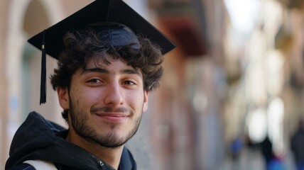  Young man in graduation cap smiling outdoors, close-up portrait with blurred urban background.