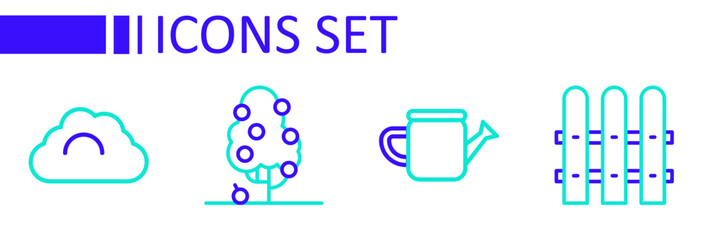 Set line Garden fence wooden, Watering can, Fruit tree and Cloudy weather icon. Vector