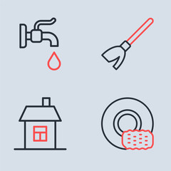 Set line Handle broom, House, Washing dishes and Water tap icon. Vector
