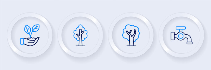 Set line Water tap, Tree, and Leaf in hand icon. Vector