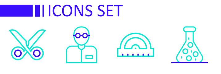 Set line Test tube, Protractor grid, Teacher and Scissors icon. Vector