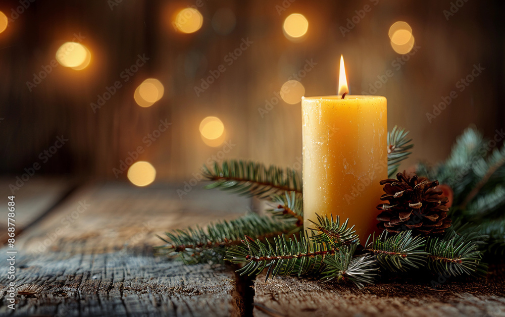 Poster lit candle with pine branches and pinecone on rustic wooden surface with bokeh lights