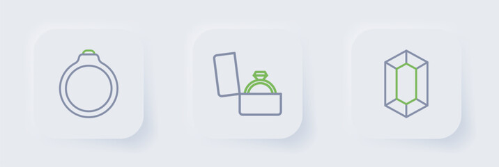 Set line Gem stone, Diamond engagement ring in box and icon. Vector