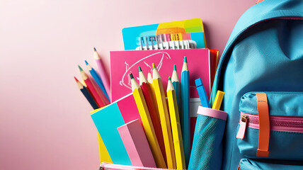 Fototapeta premium blue backpack with books and school equipment on pink background. Generative AI