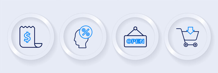 Set line Add to Shopping cart, Hanging sign with text Open, Discount percent tag and Paper check and financial check icon. Vector