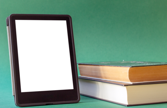 an electronic book next to a stack of paper books on a dark green background. one e-book replaces many regular books
