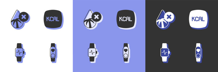 Set Smart watch with heart, Palm oil free, and Kcal icon. Vector