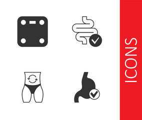 Set Human stomach health, Bathroom scales, Metabolism and Intestines icon. Vector