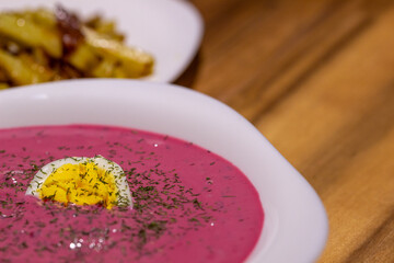 soup of traditional Slavic cuisine, holodnik, cold soup . traditional dish of Belarusian Polish Lithuanian cuisine. Beet dish