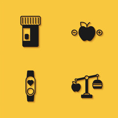 Set Vitamins, Calorie calculator, Smart watch with heart and icon with long shadow. Vector