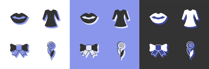 Set Flower, Smiling lips, Gift bow and Woman dress icon. Vector