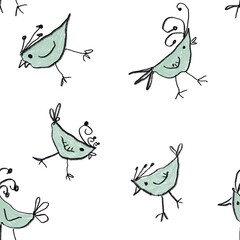 Seamless abstract pattern with birds. Black, green, white. Digitak brush strokes texture. Illustration. Design for textile fabrics, wrapping paper, background, wallpaper cover.