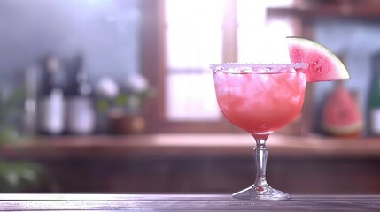Fototapeta premium Pink drink with a watermelon slice and a lime slice on the rim