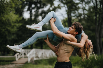 Man walking and carrying his girlfriend in the park, highlighting fitness, strength, romance, and...