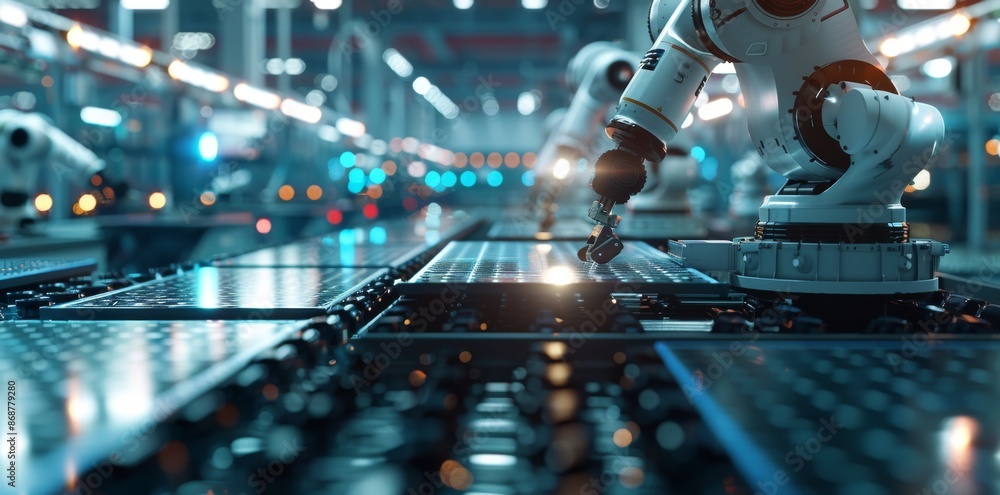 Aufkleber high-tech factory floor with robotic arms assembling solar panels in an automated production line