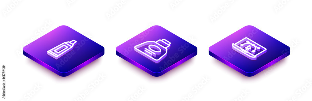 Poster set isometric line tube with paint palette, inkwell and computer design program icon. vector
