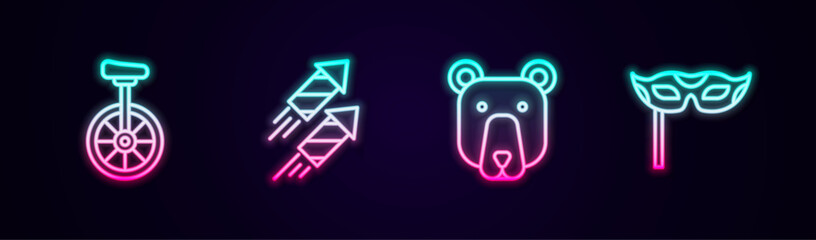 Set line Unicycle, Firework rocket, Bear head and Festive mask. Glowing neon icon. Vector © Iryna