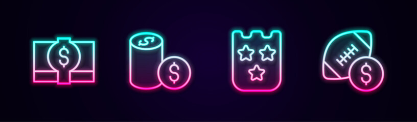 Set line Stacks paper money cash, Casino chip with dollar, Lottery ticket and American football betting. Glowing neon icon. Vector