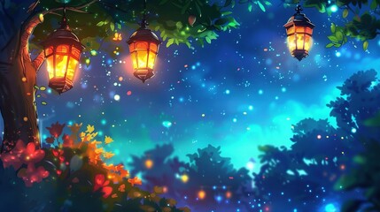 Fototapeta premium A serene night sky above two suspended lanterns beneath a lone tree, casting an ethereal glow