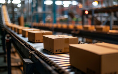 Obraz premium Cardboard Boxes Moving on a Conveyor Belt in a Warehouse