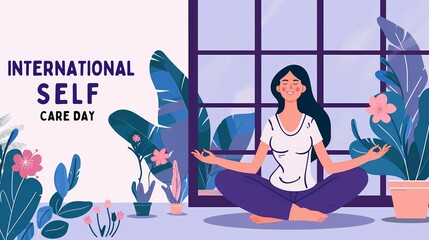 International Self Care Day July 24, happy woman meditating in yoga pose relaxing, flat illustration