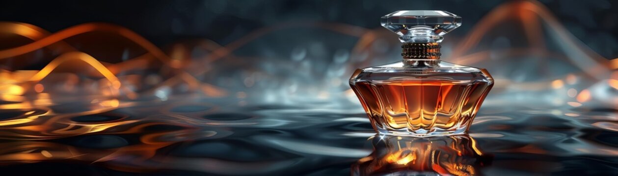Luxury perfume bottle on a black background, elegant design, soft tones, digital rendering