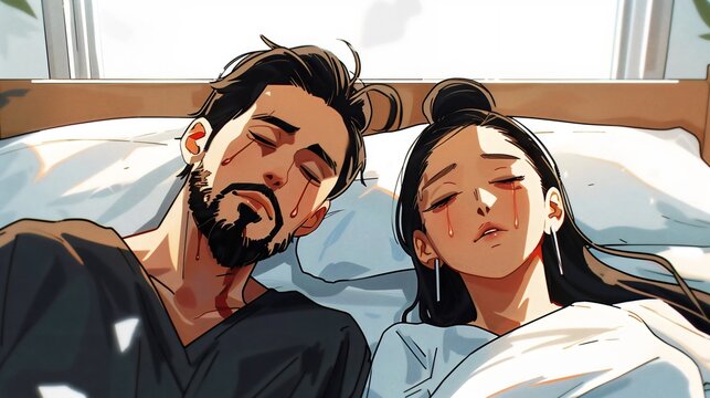 Bereaved Parents Awareness Month, mother and father laying in bed grieving child loss, anime style illustration - Powered by Adobe