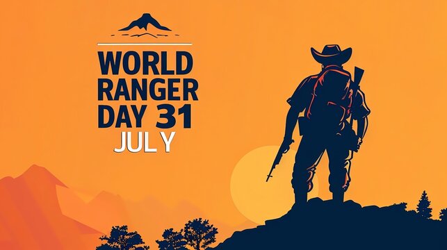 Celebrate World Ranger Day July 31, banner illustration of ranger inspecting wildlife reserve