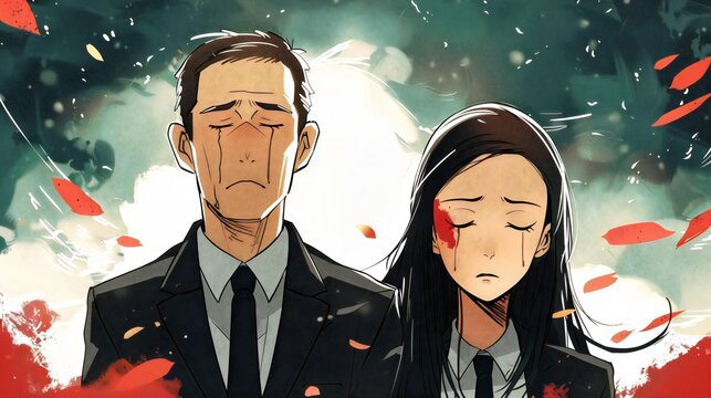 Parents grieving child loss at cemetery, Bereaved Parents Awareness Month, anime style illustration