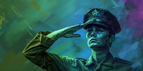 Fototapeta premium National Hire a Veteran Day July 25, abstract illustration of army military soldier saluting, banner, copy space