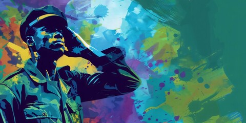 National Hire a Veteran Day July 25, abstract illustration of black US army soldier saluting, banner, copy space