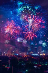 Fireworks light up the night sky over Houston's illuminated skyline, creating a colorful and festive atmosphere, celebrating events, holidays, and city pride.