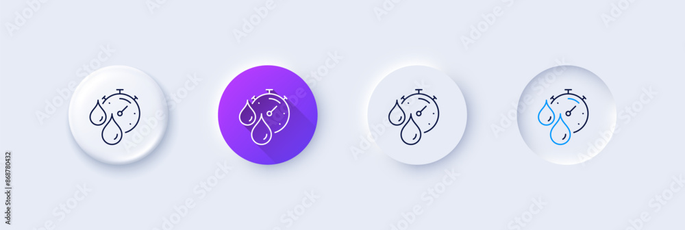 Poster paint drying time line icon. neumorphic, purple gradient, 3d pin buttons. timer with dye drops sign.