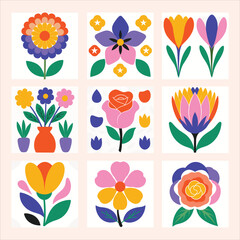 Botanical doodle background vector set. Flower and leaves abstract shape doodle art design for print, wallpaper, clipart, wall art for home decor, plant illustrations, nature-inspired designs