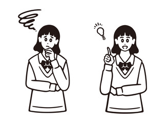 悩む ひらめく 女子学生のイラストセット 線画