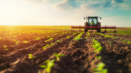 Tractor working on a farm field at sunset