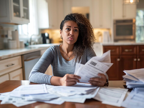 Mulher com boletos de d&iacute;vidas, como cart&atilde;o de cr&eacute;dito, impostos, pens&otilde;es e hipoteca, destacando preocupa&ccedil;&atilde;o com finan&ccedil;as